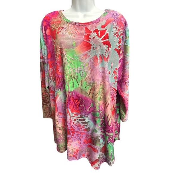 Calessa 1X Top Fuchsia Multicolor Fancy Burnout Velvet Abstract Asymmetric Hem - Picture 1 of 6